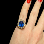 10K Yellow Gold Synthetic Sapphire & Cultured Pearl Halo Cocktail / Cluster Ring Size 4