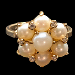 14K Yellow Gold, Pearl and Diamond Cluster Ring