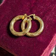 14K Yellow Gold Large Etched Hollow Hoop Earrings