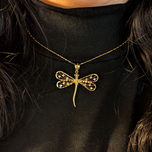 14K Yellow Gold Dragonfly Diamond Etched Statement Necklace