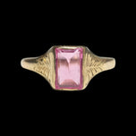 Antique 14K Yellow Gold Baguette Cut Synthetic Pink Sapphire Ring Size 5 1/4