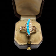 14K Rose Gold Victorian Era Turquoise & Seed Pearl Marquise Ring Size 8 1/4