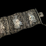 Sterling "S&F" Filigree Storytelling Panel Link Bracelet Asian Figures & Symbols
