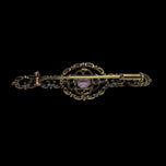 Antique Sterling Silver Gold Gilt Purple Paste Stone & White Sapphires Filigree Bar Brooch Trombone Clasp