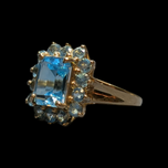 10K Yellow Gold Emerald Cut Blue Topaz Cocktail Ring Size 7 3/4