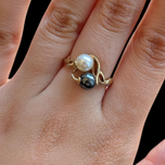 10K Gold Hematite and Cultured White Pearl Double Set Ring: Unique Setting