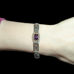 Art Deco Filigree Panel Link Bracelet with Purple Glass Sterling Silver