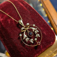 Antique Edwardian 9CT Gold Bow Topped Gold Almandine Garnet & Seed Pearl Lavalier Drop Pendant