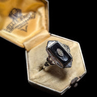 10K White Gold, Diamond & Onyx Art Deco Ring Size 6 3/4