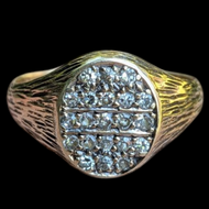 9K Gold and Diamond Cluster Signet Style Vintage Ring Wood Grain Design