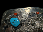 Vintage Southwestern Turquoise & Coral Chief Belt Buckle With Buffalo Nickels