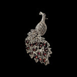 Sterling Silver Marcasite & Red CZ Open Work Peacock Brooch