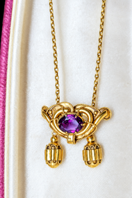 Antique Victorian Era 14K Etruscan Revival Yellow Gold & Rhodolite Garnet Sliding Chain Necklace
