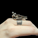 Signed Sterling Silver Modernist / Brutalist Sculptural Laying Woman Figure Ring Adjustable