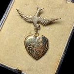 Vintage Gold Filled Sparrow Brooch with Etched Heart Locket Pendant