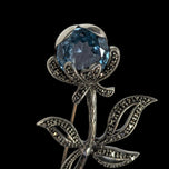 Sterling Silver, Marcasite & Blue Topaz Flower Brooch Art Deco