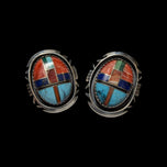 Native American Sterling Silver Inlaid Gemstone Clip On Earrings Signed