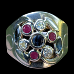 14K White Gold Ruby, Sapphire & Tourmaline Flower and Leaf Design Ring