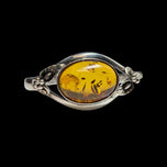 Sterling Silver Split Shank Cognac Baltic Amber Cuff Bracelet: Floral Motif