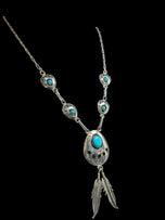 Sterling Silver Bear Paw & Feathers Turquoise Necklace