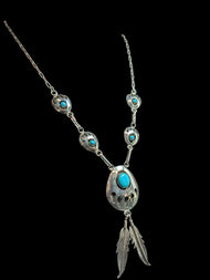 Sterling Silver Bear Paw & Feathers Turquoise Necklace