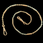 9CT Rose Gold & White Gold Bi Colour Bar Link Pocket Watch Chain With 2 Dog Clips