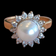 14K Gold & Cultured Pearl Ring Diamond Halo Size 6 1/4