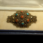 Early Gold Gilt Domed Brooch with Filigree Carnelian & Turquoise