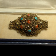 Early Gold Gilt Domed Brooch with Filigree Carnelian & Turquoise
