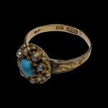 15 CT Gold Turquoise and Seed Pearl Antique Victorian Georgian Scroll Work Ring