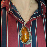 Large Sterling Silver Amber Pendant with Feather Casing