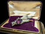 Antique Sterling Silver Lucky Grouse Foot Brooch / Kilt Pin with Foil Back Purple Paste Stone