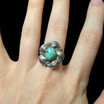 Sterling Silver Native American Feather / Leaf Flanked Turquoise Ring Size 7
