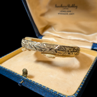 10K Yellow Gold Brushed Bangle Bracelet Satin / Diamond Cut Etching with Geometric Design 5/8"