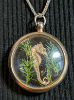 Preserved Seahorse & Greenery in Gold Filled Glass Orb Pendant. Two Available.