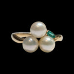 14K Yellow Gold Cultured Pearl & Emerald Cluster Ring Size 7.5