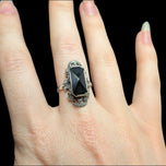 Sterling Silver Rectangular Cut Onxy & Marcasite Deco Ring Size 6 3/4