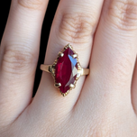 10K Gold Red Synthetic Ruby Marquise Cut Gemstone Ring Vintage
