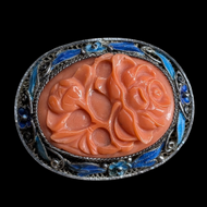 Vintage Sterling Silver Chinese Export Carved Coral & Enamel Brooch