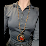 Mid-Century Modernist Artist Rafael Alfandary Red Glass & Brass Pendant Necklace: Canada