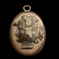 Antique 19th Century Gutta Percha Mourning Cameo Locket Pendant Left Facing Portrait