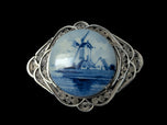 .800 Silver Delft Holland Windmill Brooch with Filigree Setting