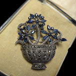 Art Deco Sterling Silver, Marcasite & Blue Sapphire Flower Vase Brooch