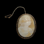 Antique Large Hand Carved Gold Filled Shell Cameo Brooch with Safety Chain