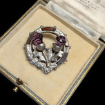 Vintage Sterling Silver Scottish Thistle Brooch with Purple Glass & Agate Specimen