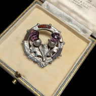 Vintage Sterling Silver Scottish Thistle Brooch with Purple Glass & Agate Specimen