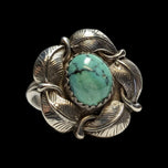 Sterling Silver Native American Feather / Leaf Flanked Turquoise Ring Size 7