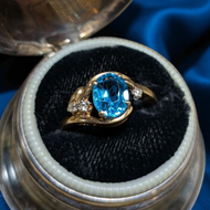 10K Yellow Gold Natural Oval Cut Blue Topaz and Diamond Ring Size 6 3/4