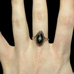Art Deco Seed Pearl & Black Onyx Marquise Ring Size 7 1/4 White Gold Inlay & 10K Yellow Gold