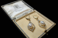 14K Yellow Gold Pearl and Diamond Tear Drop Earrings